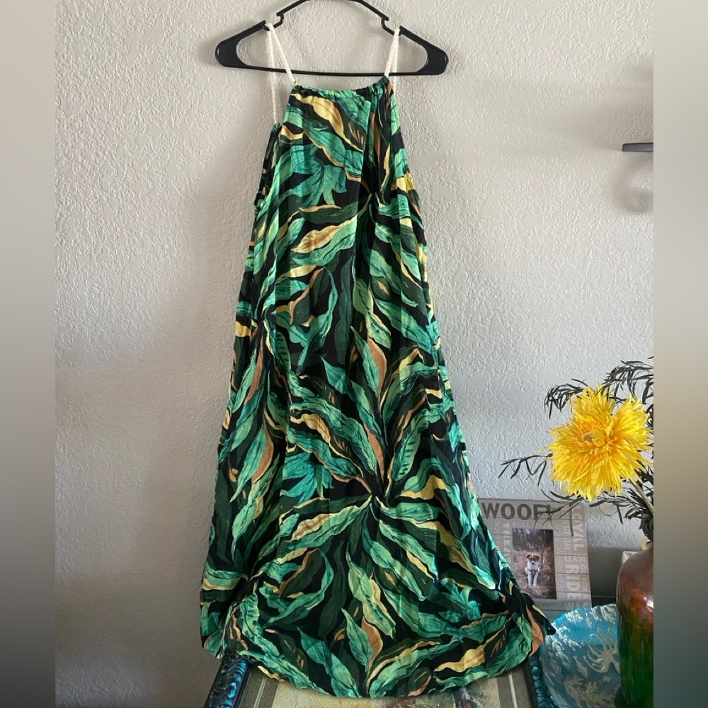 Rachel Zoe Green and Black Leaf Print Linen Blend Dress Sz M - Picture 2 of 8